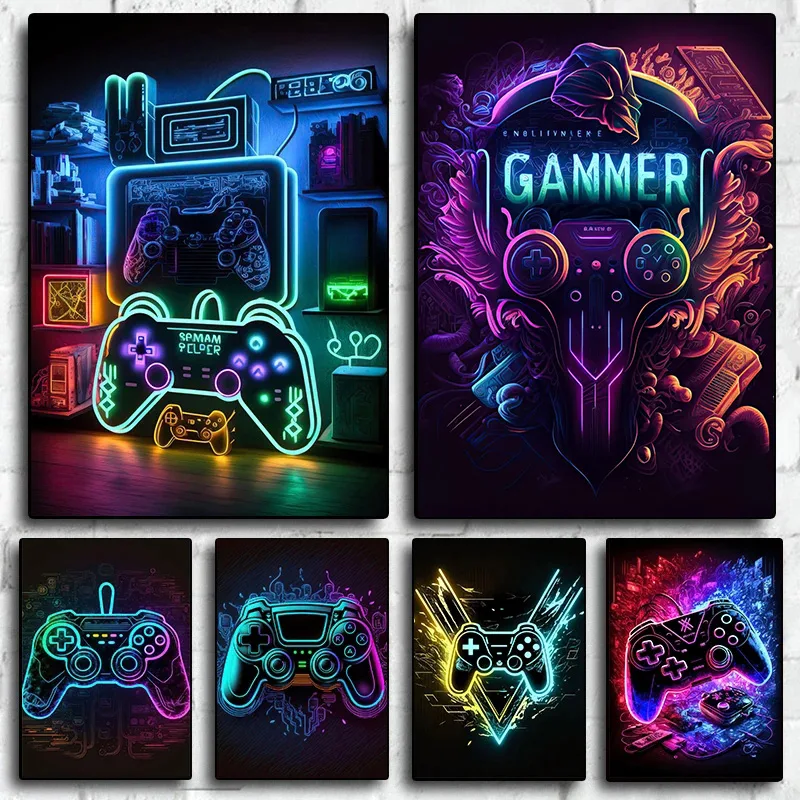 Esports Gaming Poster - ネオンポップクールゲーミングウォールアートキャンバス絵画、カラフルなゲーマーコントローラーポスターとプリント、eスポーツルーム装飾ギフト、ライトなし