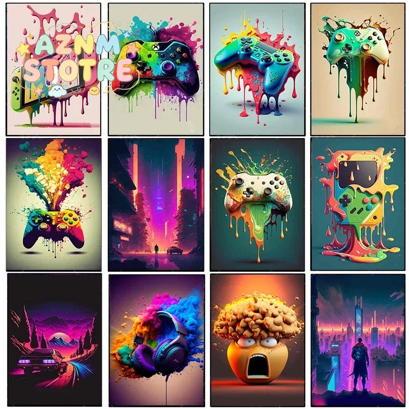 Esports Gaming Poster - ヴィンテージキャンバス絵画カラフルなパンクネオンゲーマーコントローラークールなゲームポスター壁アートeスポーツゲームかわいい部屋の装飾用