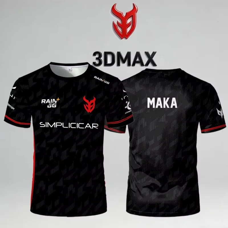 Esports Gaming Jersey Design - 3DMAX eスポーツ MAKA プレーヤージャージ、黒と赤のアクセントデザイン、チームロゴ入り、通気性のあるゲーミングシャツ、eスポーツファン＆プレーヤー向け