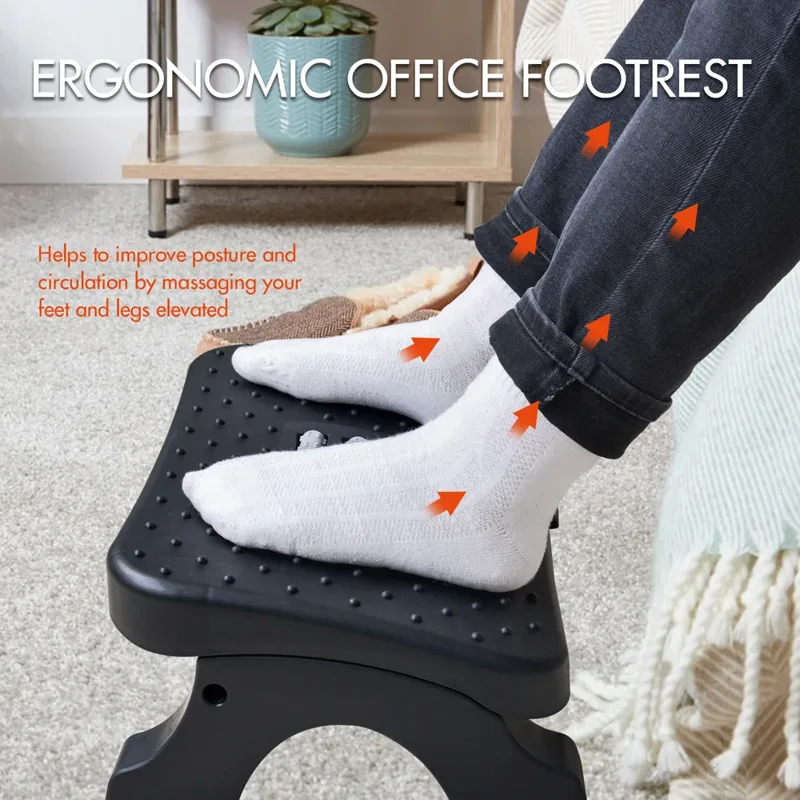 Footrest Under Desk - 人間工学に基づいたデスク下フットレスト、マッサージローラー付き、耐荷重120ポンド、高さ調節可能、オフィスや家庭での痛み緩和