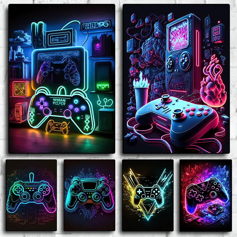 Esports Gaming Poster - クールなゲーミングウォールアートダイヤモンドペインティング、カラフルなゲーマーコントローラー、ネオンポップポスターとプリント、eスポーツルームの装飾、ギフト、ライトなし