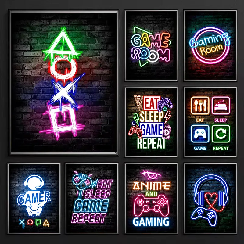 Esports Gaming Poster - 1枚入りフレームレスゲーミングネオン「Eat Sleep Game Repeat」キャンバスポスター、ゲーマー向けルームデコレーション、キャンバスプリントアート、自宅eスポーツ寝室装飾用