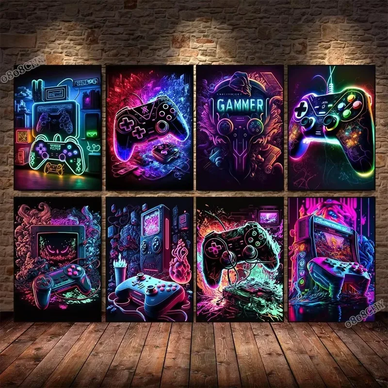 Esports Gaming Poster - ネオンゲームキャンバス絵画ゲームコントローラゲームパッドゲームポスターキャンバスプリント壁アート写真eスポーツゲーマールーム装飾