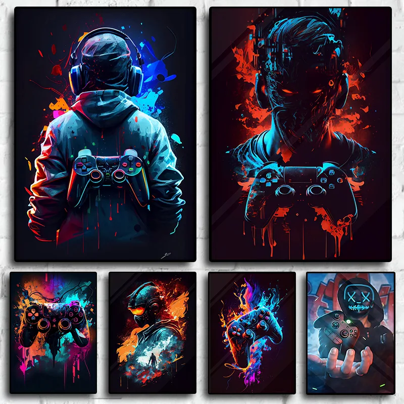 Esports Gaming Poster - 80年代のカラフルなパンクネオングーマーコントローラークールなゲームポスター、壁飾り、eスポーツゲーム、可愛い部屋の装飾、キャンバス絵画ギフト