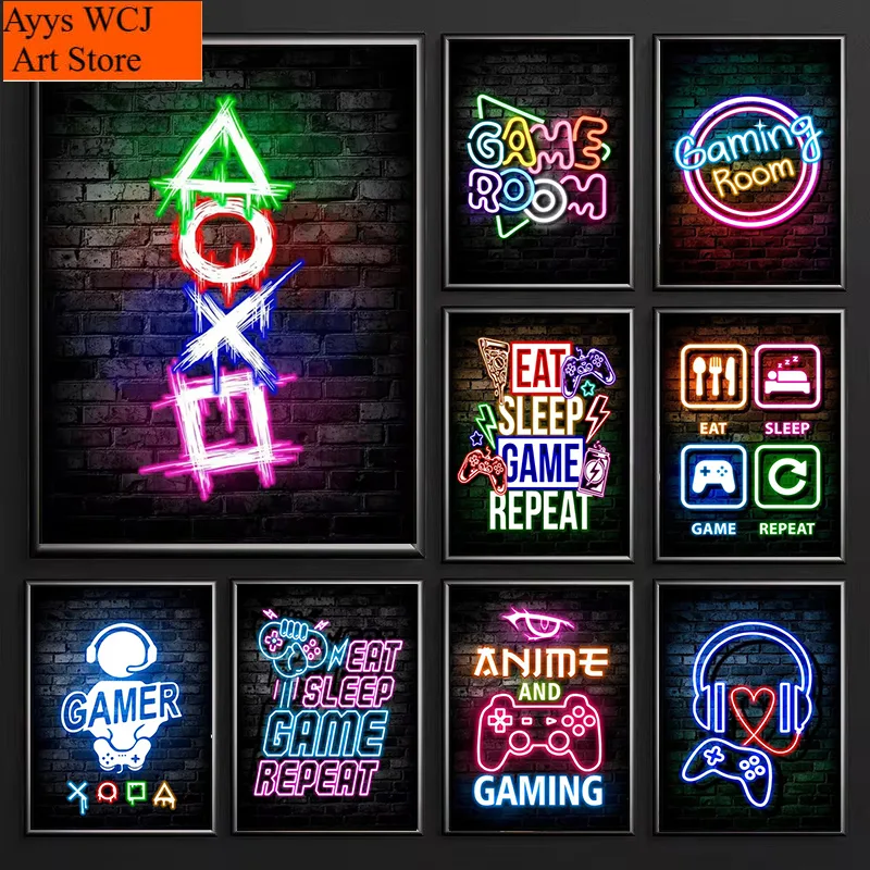 Esports Gaming Poster - 1枚入りフレームレスキャンバス絵画、ゲーミングネオン「Eat Sleep Game Repeat」キャンバスポスター、ゲーマーの部屋の装飾、キャンバスプリントアート、家庭用eスポーツ向け