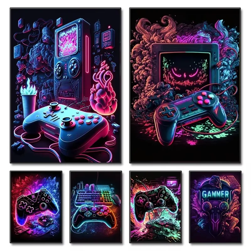ネオンゲームキャンバス絵画ゲームコントローラゲームパッドゲー - Esports Gaming Poster のレビューと価格